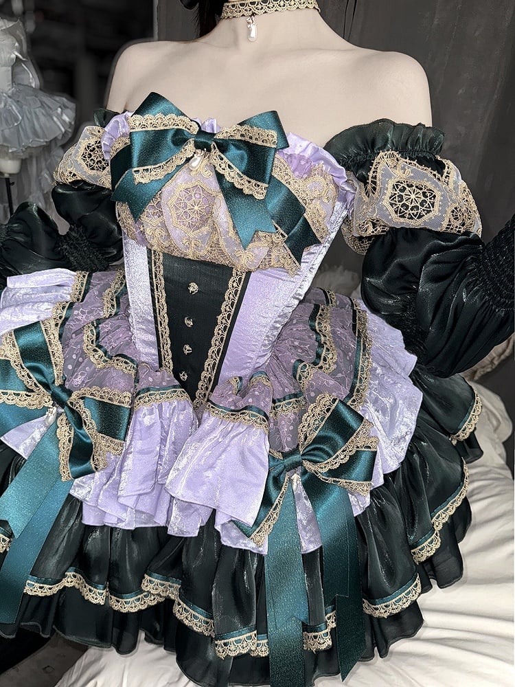 Green and Light Purple Layers Puffy Lolita Dress with Gold Lace Trim and Bow Accents