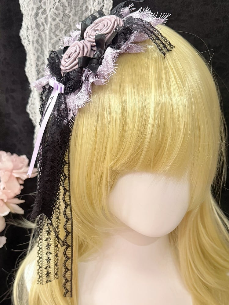 Purple&Black Bowknot Details Lace Trim Floral Design Hairclip