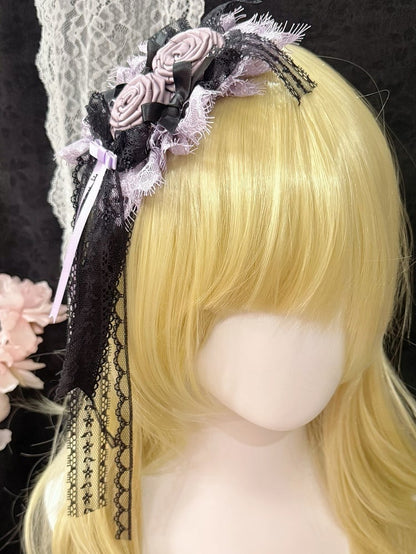 Purple&Black Bowknot Details Lace Trim Floral Design Hairclip