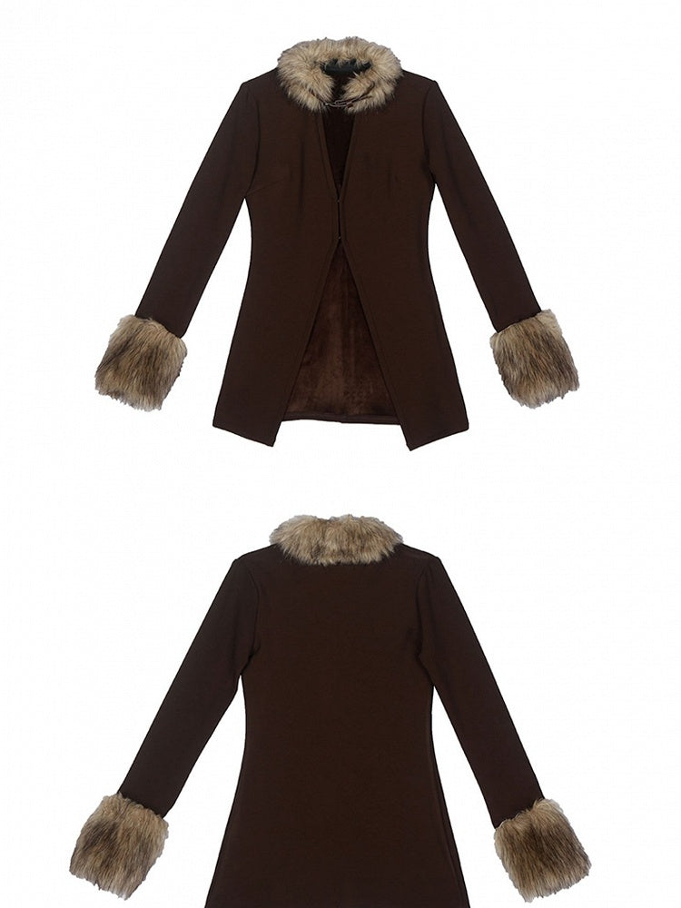 Buckle Strap Dark Coffee Wasteland Punk Top with Plush Collar and Cuffs