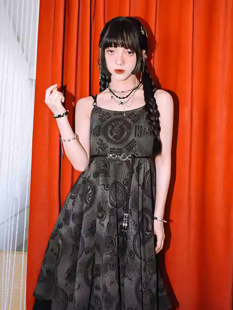 Black Chiffon Handkerchief Hem Cheongsam Style Graphic Cami Dress