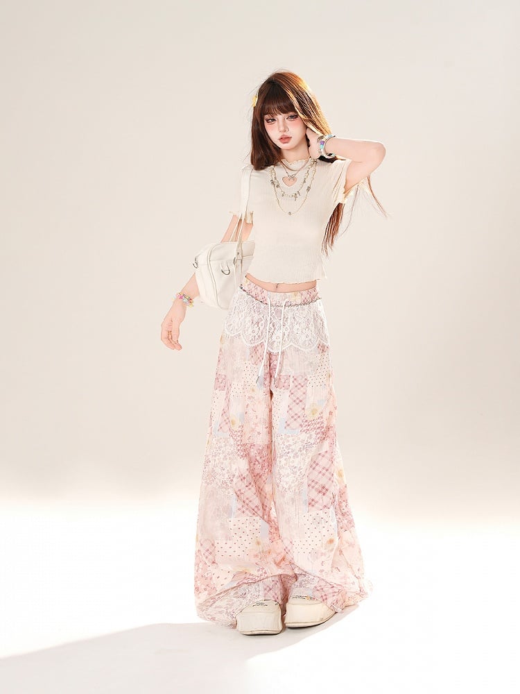 Pink Patchwork Design Elastic Waist Wide-leg Casual Pants with Lace Waist Accessory