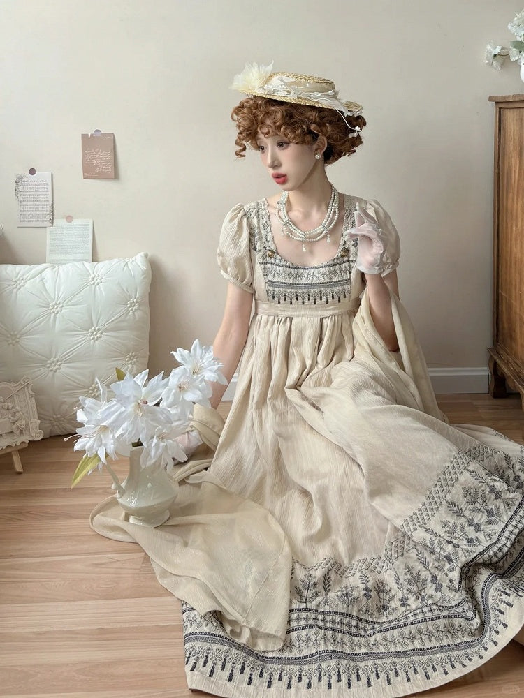 Foldover Design Neckline Blue Vintage Embroidery Empire Waist Elegant Lolita One Piece Long/Short Version