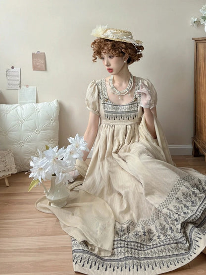 Foldover Design Neckline Blue Vintage Embroidery Empire Waist Elegant Lolita One Piece Long/Short Version