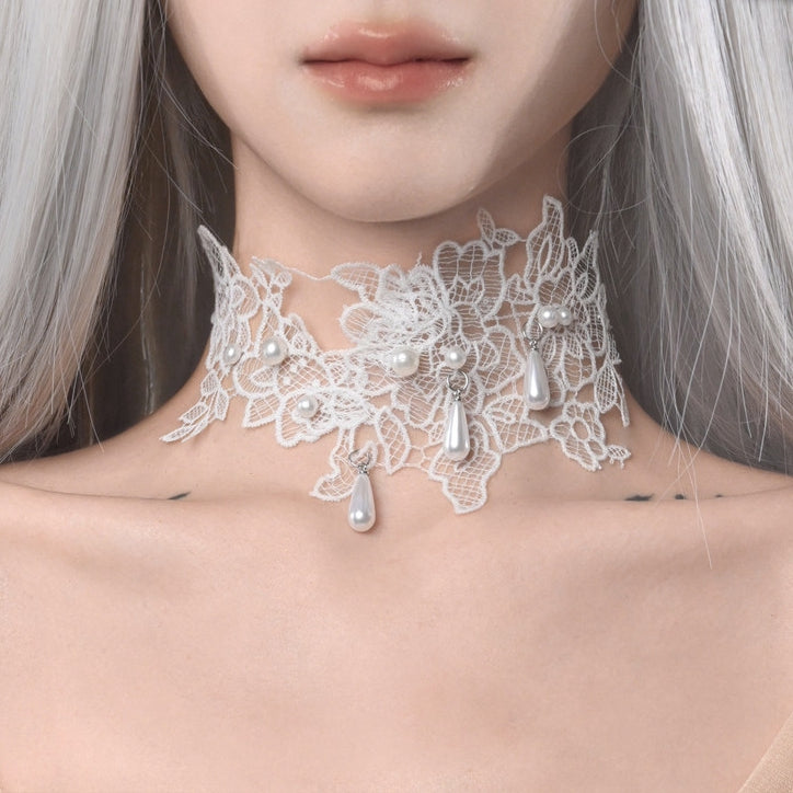 White Bead Details Lace Applique Choker