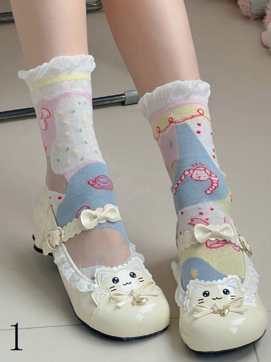 4 Options Sweet Lolita Colorful Ruffled Cuff Calf Socks