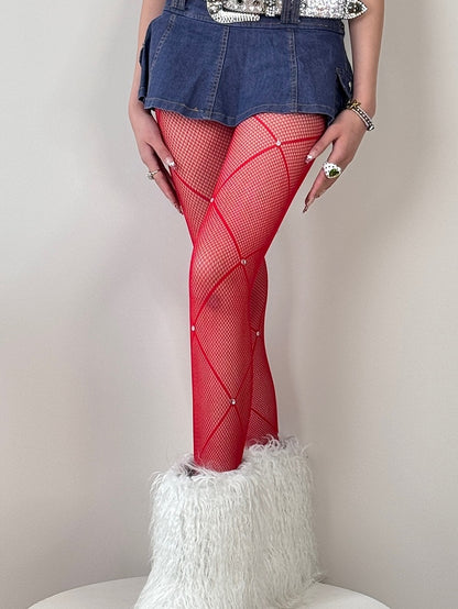 Black/White/Red Rhinestone Decorated Crisscorss Banded Tights