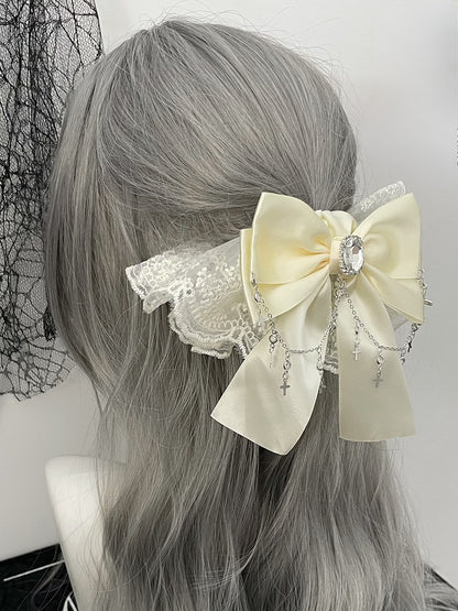 Black/Beige Cross Charm Rhinestone Decorated Lace Trim Bowknot Hair Tie