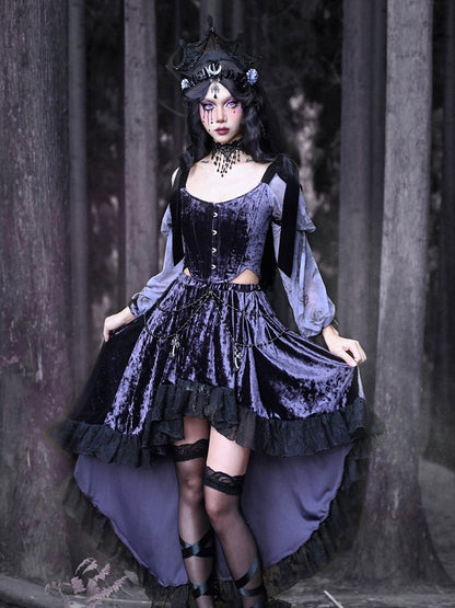 Gothic Cross Beaded Chains Purple Velvet High-low Skirt
