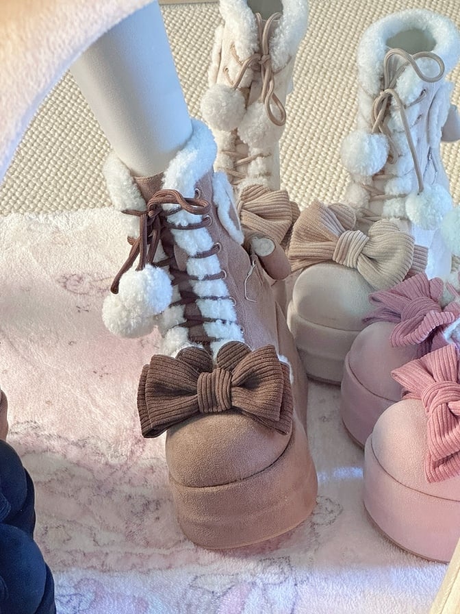 Brown Sweet Lolita Platform Snow Boots - 6cm/8.5cm Sole Options with Heart Patches & Pompom Charm Laces