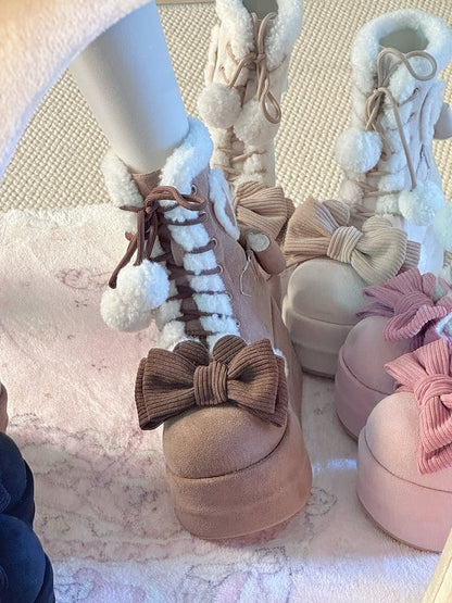 Brown Sweet Lolita Platform Snow Boots - 6cm/8.5cm Sole Options with Heart Patches & Pompom Charm Laces