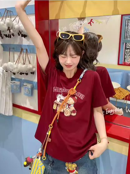 Cartoon Bear Print Wine Red Round Neck Loose T-shirt