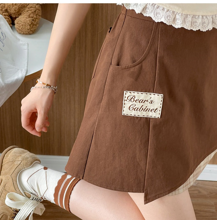 Letter Embroidery Applique Brown Plaid Hem Skirt with Bear Plushie