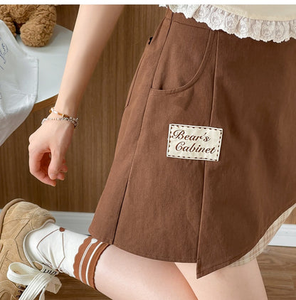 Letter Embroidery Applique Brown Plaid Hem Skirt with Bear Plushie