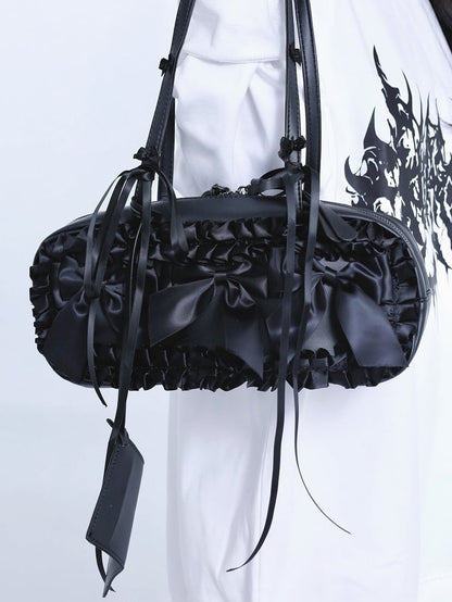 Black Jirai Kei Bowknot Details Self-tie Straps Ruffles Trim Shoulder Bag