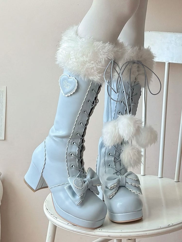 Mid-heel Blue Knee-Highs in PU with Plush Cuff, Bow Decor & Lace+Zip Fastening