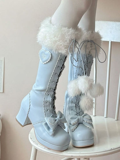Mid-heel Blue Knee-Highs in PU with Plush Cuff, Bow Decor & Lace+Zip Fastening