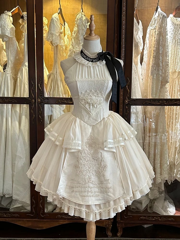 Creamy Delicate Embroidery Detail Classic Lolita Backless Halter Neck Dress