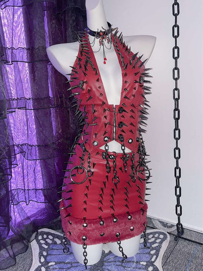 Red Y2K Studs And Skeleton Details Circular Ring Charm PU Halter Neck Top