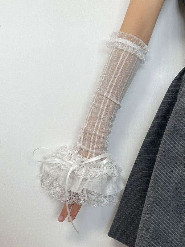 White/Black Lolita Lace Ruffled Cuffs Semi-sheer Striped Sleeves With Self-tie Straps