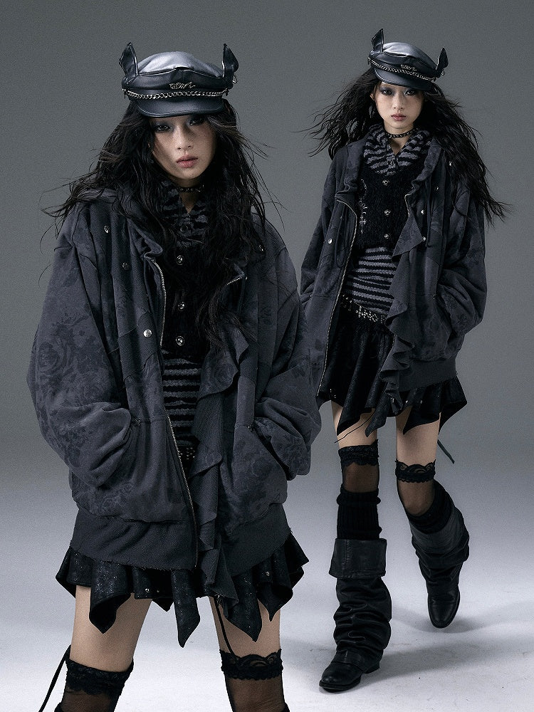 Black&White Stripe/Grey Rose Pattern Jacket with Flounce Hem