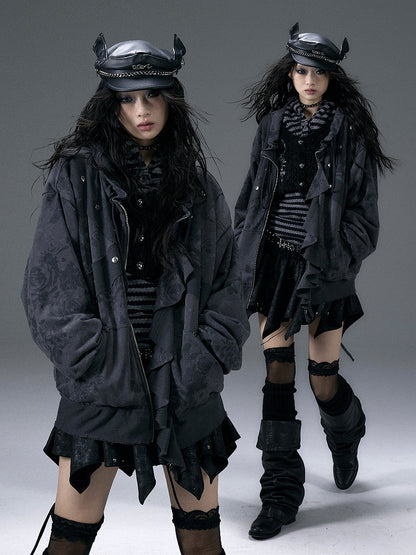 Black&White Stripe/Grey Rose Pattern Jacket with Flounce Hem