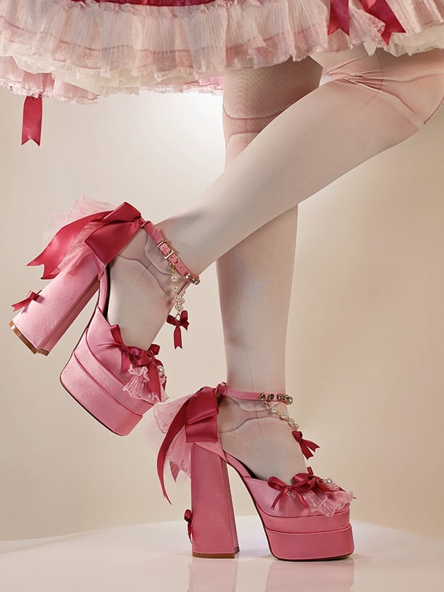 Pink Bows Rhinestone Ankle Strap 14CM Block Heel Lolita Shoes with Beaded Chains