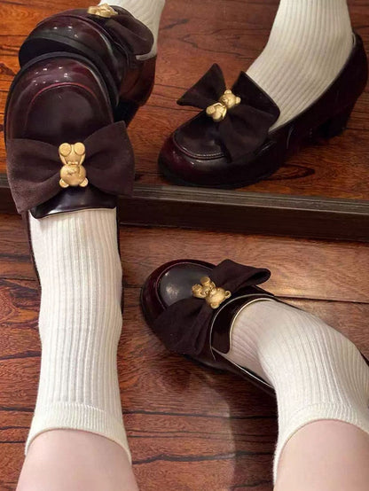 Wine Red Bear Decorated Bow at Top Loafers