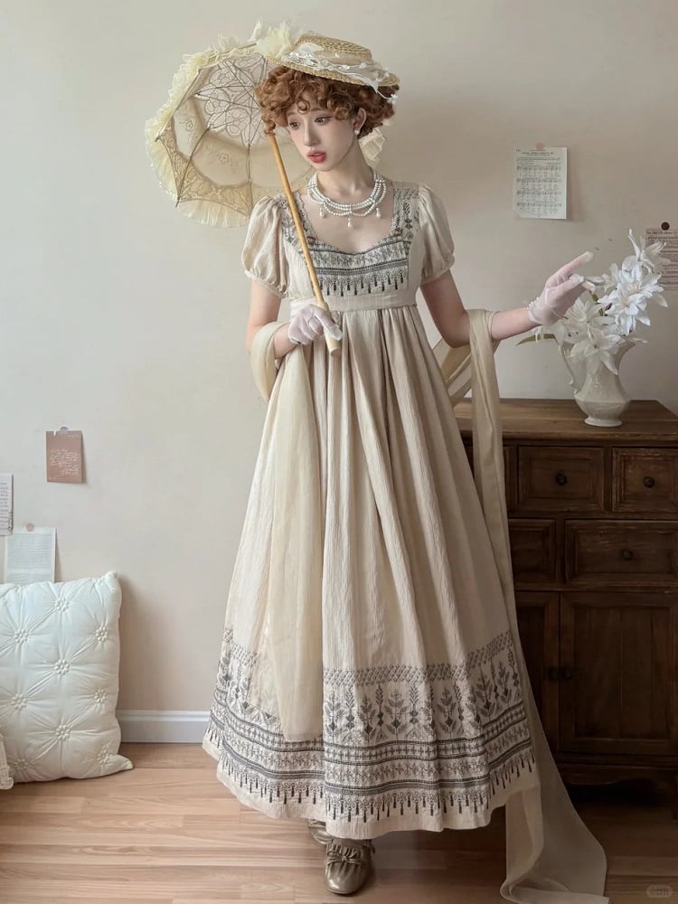 Foldover Design Neckline Blue Vintage Embroidery Empire Waist Elegant Lolita One Piece Long/Short Version