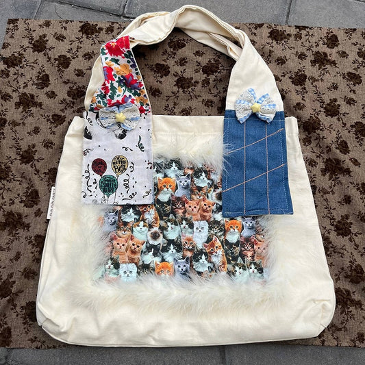 Y2K Aesthetic White Furry Shoulder Bag with Vintage Cat Patches