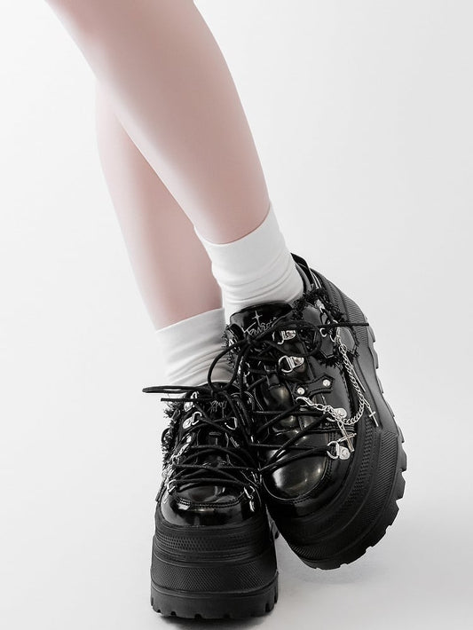 Black Punk Front Lace-up Ties Design Platform Shoes With Detachable Cross Charm Chain