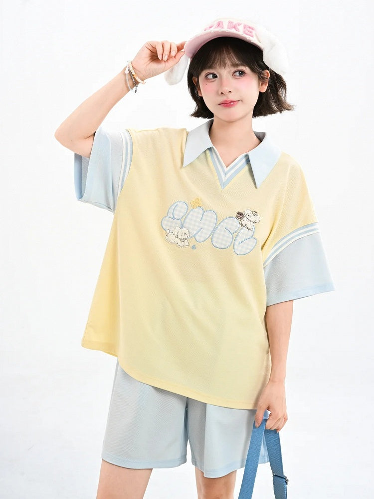 Cute Puppy Embroidery Apricot/Blue Colorblock Design Loose T-shirt Faux Two-pieces