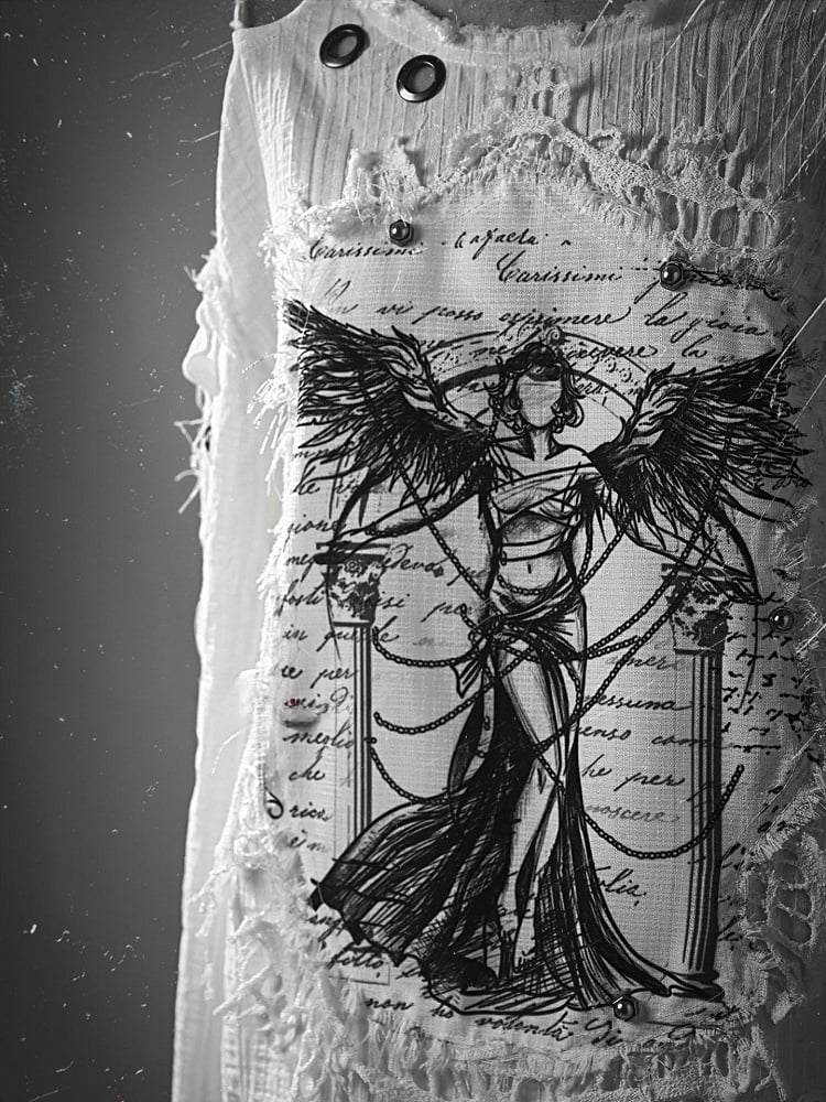 White Angel Print Cutout Shoulders Punk Oversize Sweat Shirt