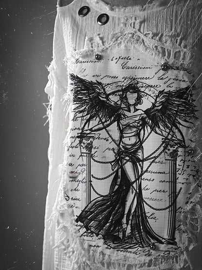 White Angel Print Cutout Shoulders Punk Oversize Sweat Shirt