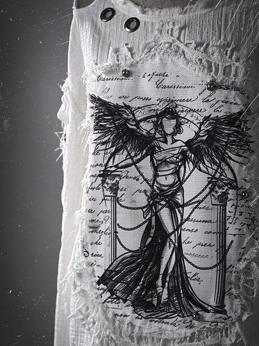 White Angel Print Cutout Shoulders Punk Oversize Sweat Shirt