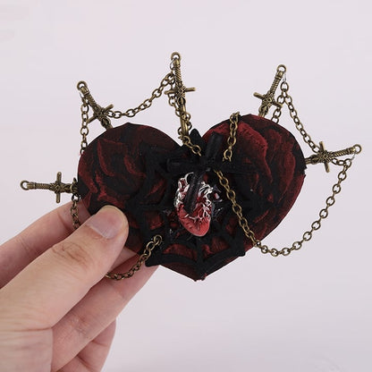 Red and Black Gothic Spider Web Heart-shaped Hairclip with Swords and Chains