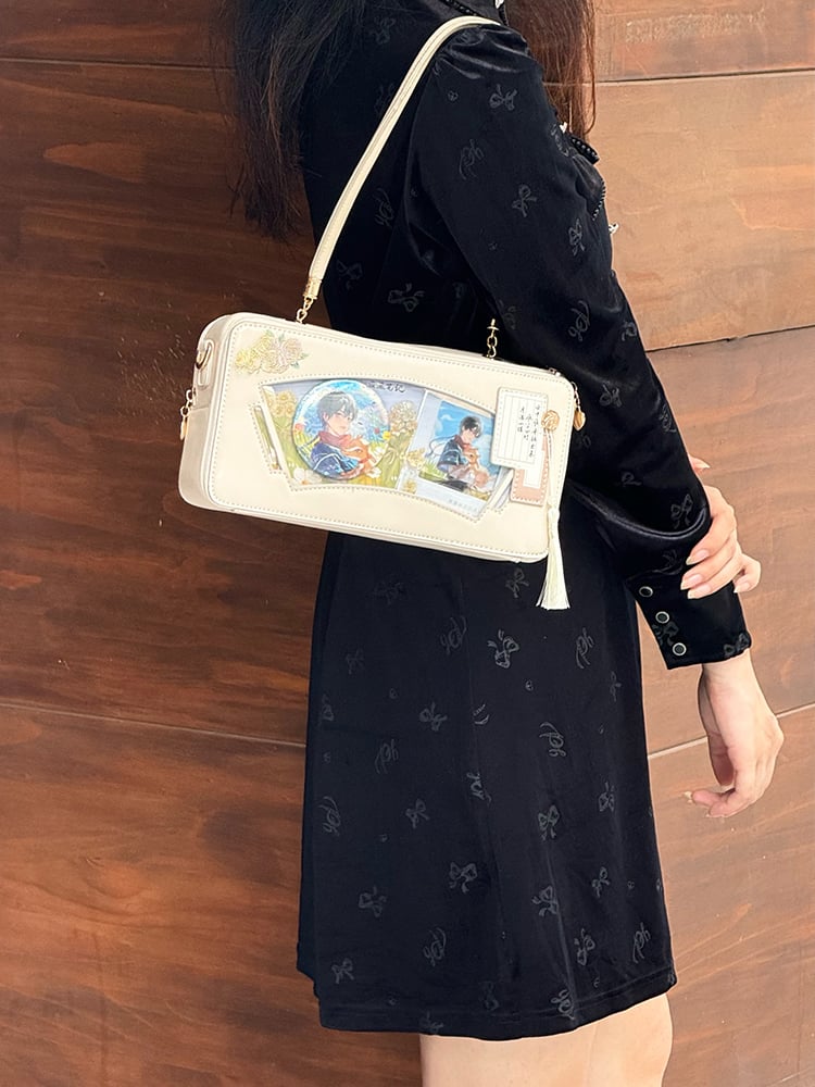 Beige Embroidered Bamboo Leaf Cheongsam Style Ita Shoulder Bag with Fringe Charm