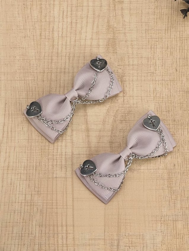 Black/Dusty Pink/White Gothic Cross Hearts Jirai Kei Bowknot Hairclips with Chains