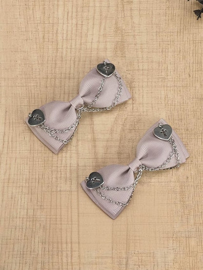 Black/Dusty Pink/White Gothic Cross Hearts Jirai Kei Bowknot Hairclips with Chains