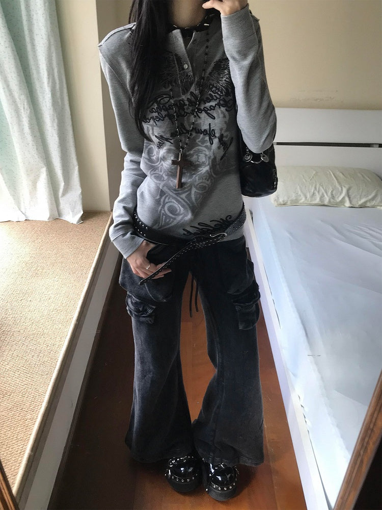 Gray Vintage Henley Neck Top with Tribal Print & Letter Embroidery