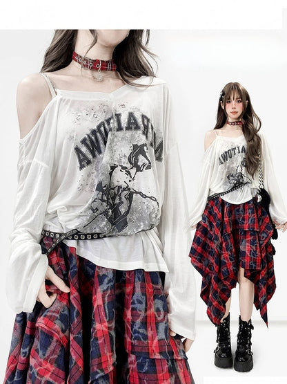 White Asymmetrical Neckline Print Design Long Sleeves Top