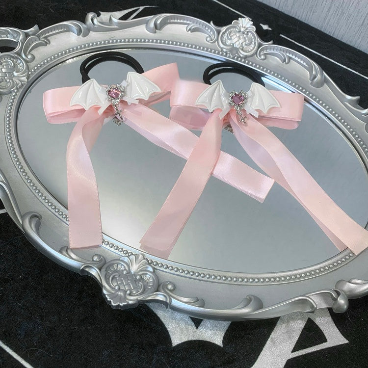 Black/White/Pink Rhinestone Decorated Bat Wing Design Bowknot Hair Ties