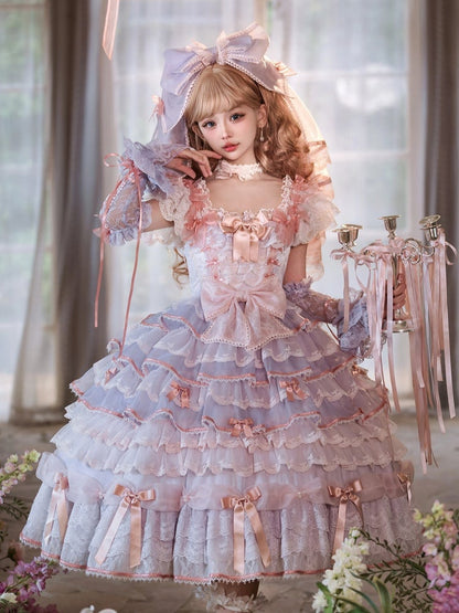 Purple and Pink Hime Lolita Bow Accents Tiered Skirt Princess Dress