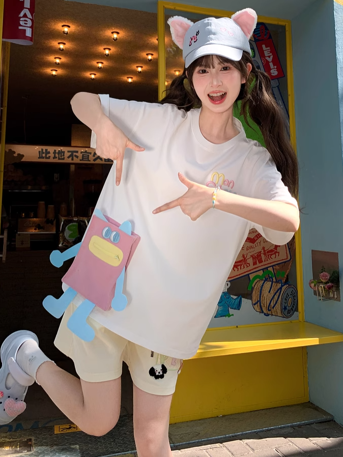 Blue/Pink Cartoon Pocket White Round Neck Loose T-shirt