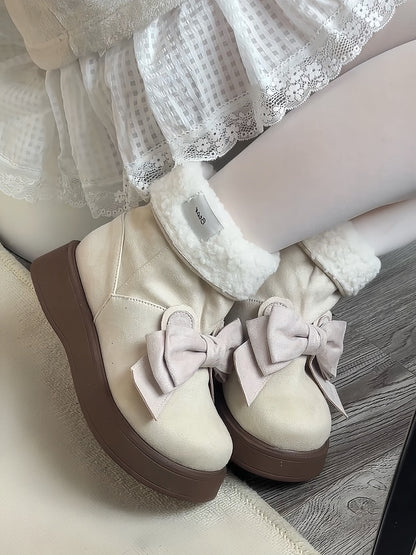 Beige Bunny Ear Design Bowknot Platform Winter Ugg Boots