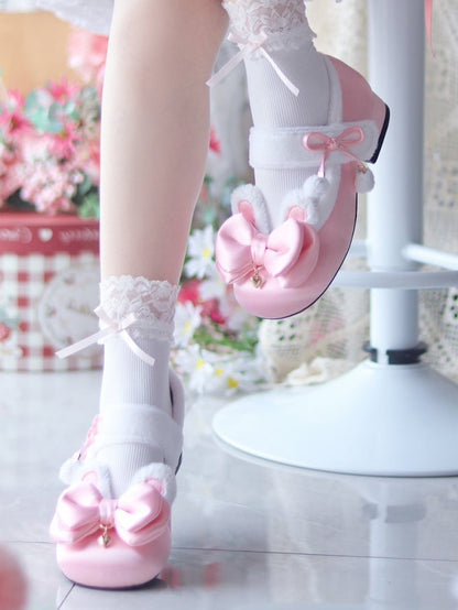 Pink Sweet Lolita Heart Charm Plush Bunny Ear Bow at Top Round Toe Shoes