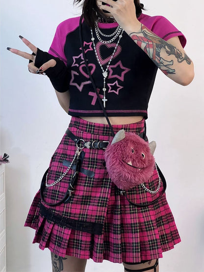 Stars and Sweethearts Print Black and Pink Cropped T-shirt