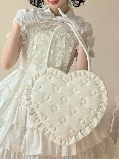 White Ruffles Trim Heart-shaped Hand Bag