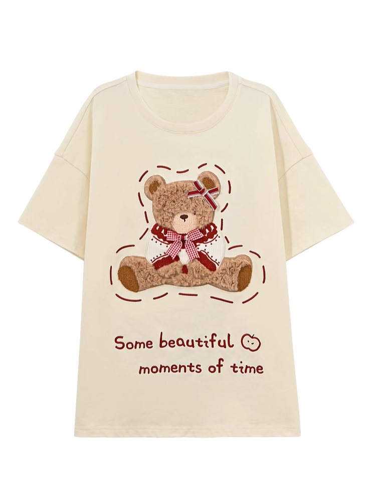 Plush Bear Embroidery Apricot Round Neck Loose Cotton T-shirt