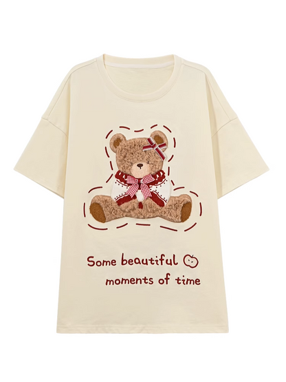 Plush Bear Embroidery Apricot Round Neck Loose Cotton T-shirt